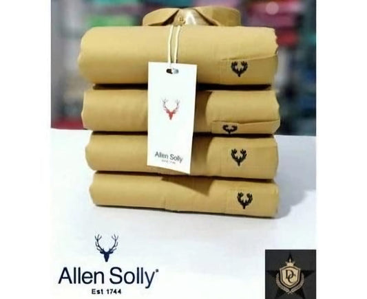 Stack of premium quality men's shirts online by Allen Solly in beige color with logo embroidery