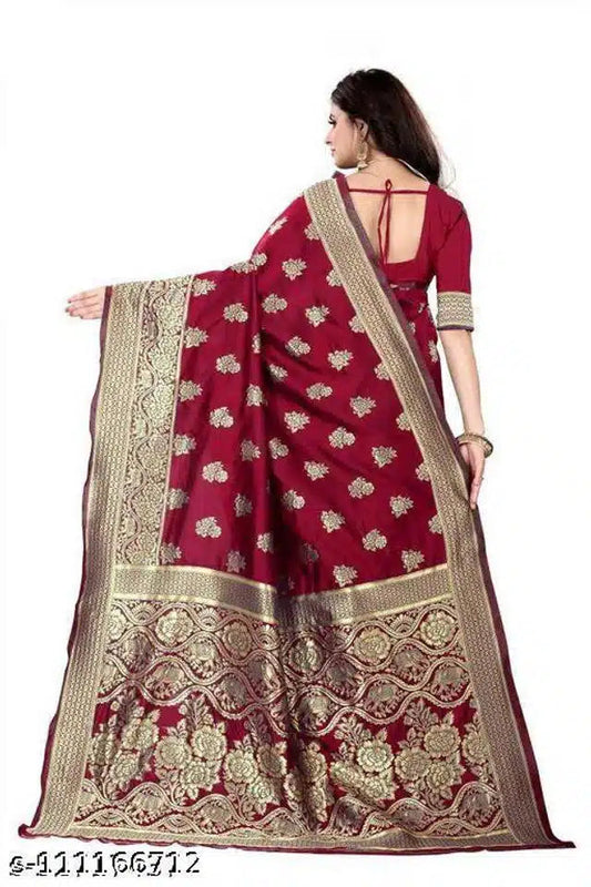 Elegant maroon Banarasi silk saree for women with intricate gold floral embroidery and border