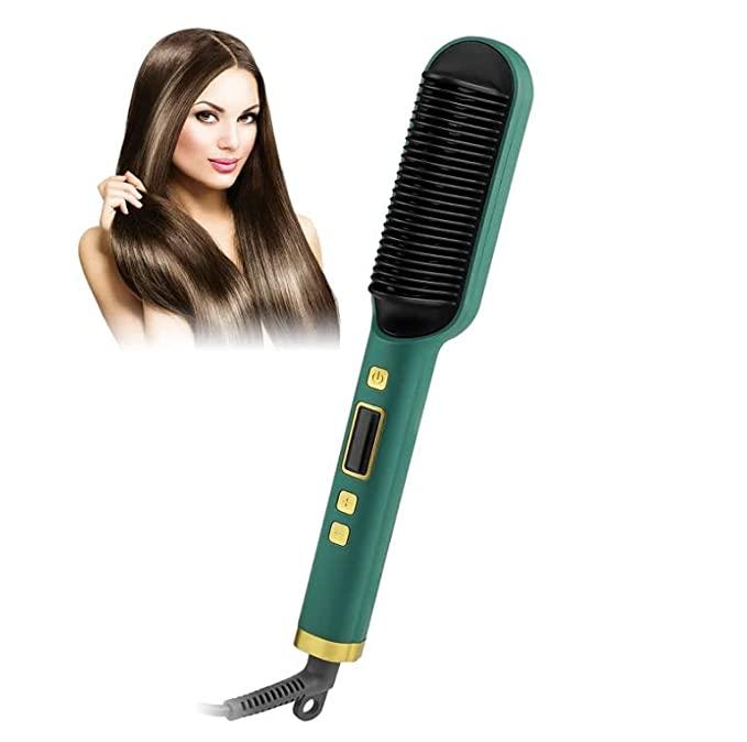 Green electric hair comb with digital display and woman with long smooth hair best electric hair comb India