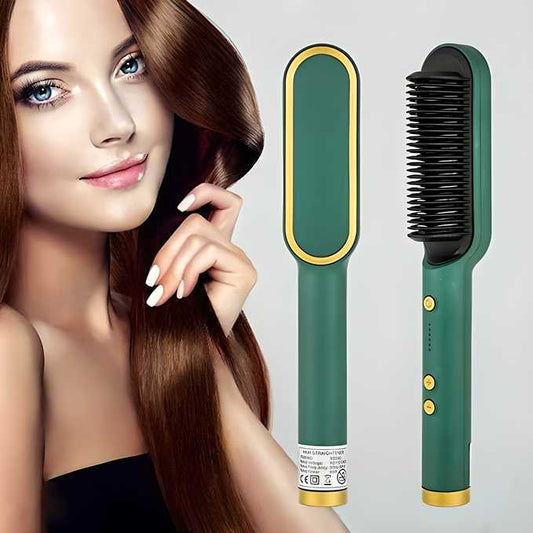 Green electric hair comb with black bristles and gold accents held by woman with long brown hair best electric hair comb India