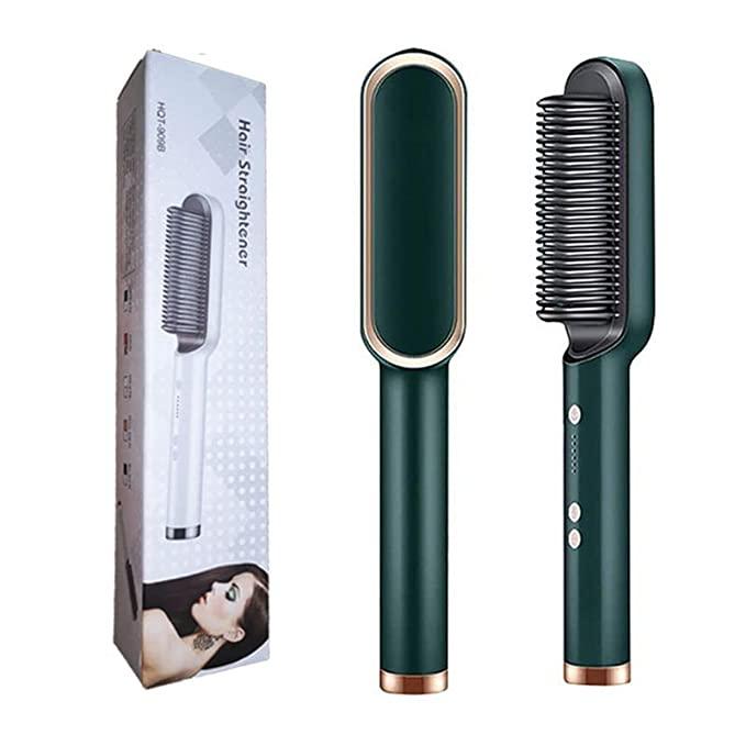Best electric hair comb India with dark green body and gold accents, featuring hair straightener brush and box
