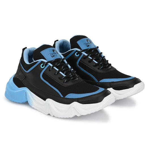 Mens sports shoes in black and blue with thick white soles best running shoes blue
