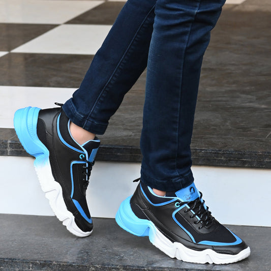 Mens sports shoes in black and blue with chunky white soles, styled as best running shoes blue