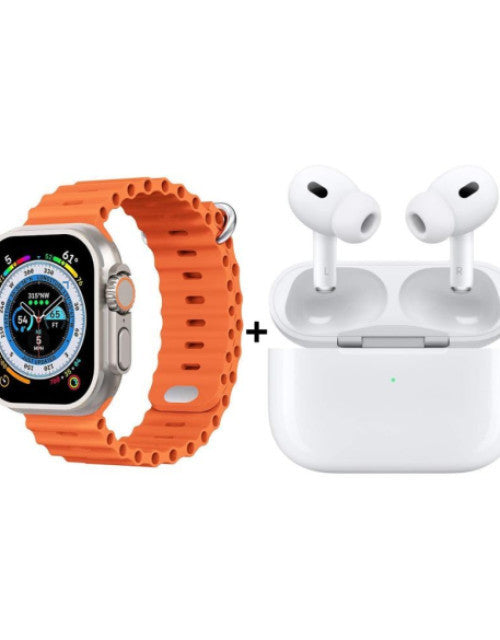 Quick Gadgets smartwatch combo featuring orange band watch and white Airpods best smartwatch and Airpods deal