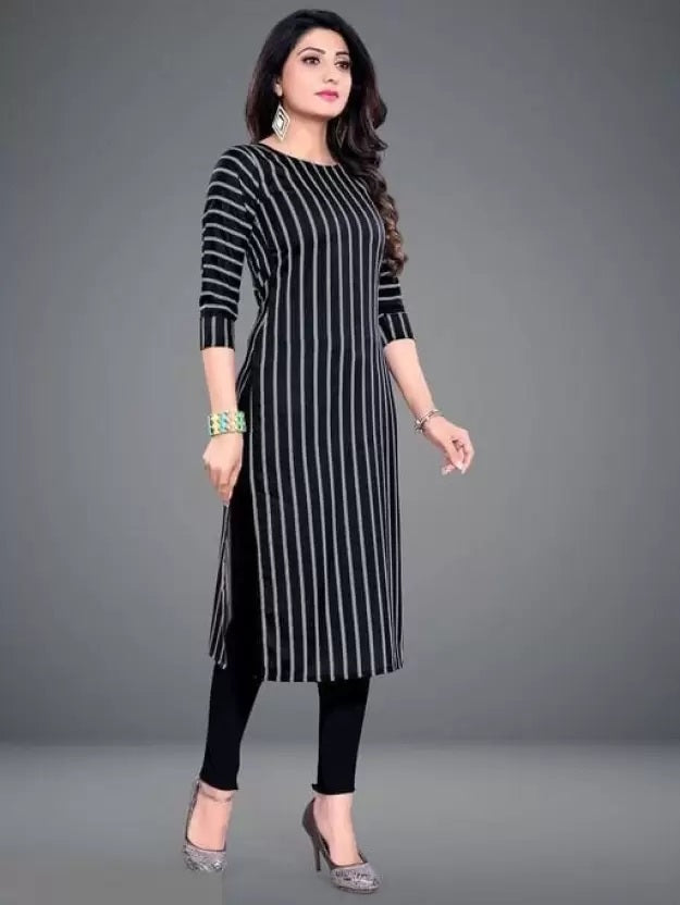 Black crepe long kurti for women with vertical white stripes and three-quarter sleeves