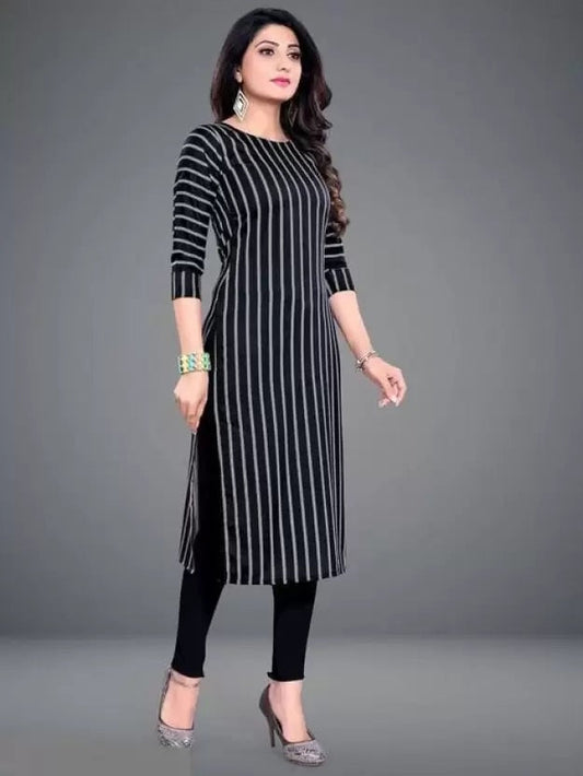 Black crepe long kurti for women with vertical white stripes and three-quarter sleeves