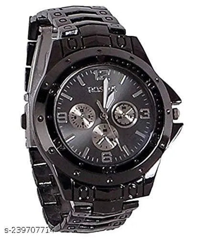 Mens analog black metal strap watch for men with round dial and multi-function subdials