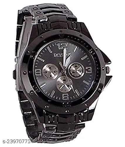 Mens analog black metal strap watch for men with round dial and multi-function subdials
