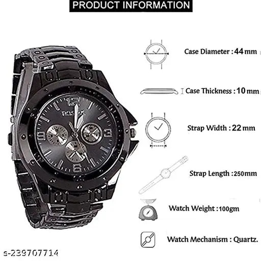 Black metal strap watch for men with 44mm case diameter and quartz mechanism by 9290