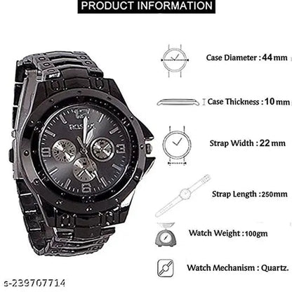 Black metal strap watch for men with 44mm case diameter and quartz mechanism by 9290