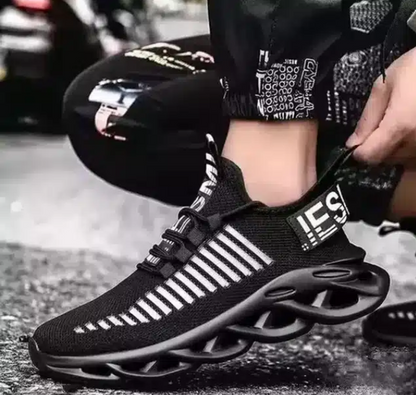 Black sports shoes for men with breathable mesh upper and unique cushioned sole design