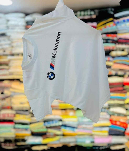 White BMW Motorsport mens t-shirt displayed for buy mens fashion t shirts online
