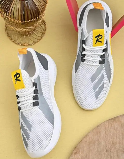 QuickGadgets sports sneakers for men in white and gray mesh with yellow accents