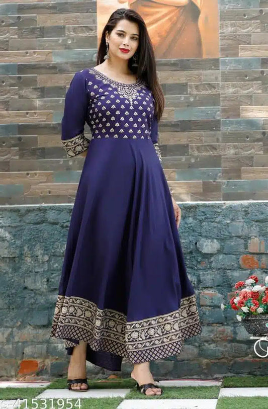 Women wearing blue designer anarkali kurti with gold embroidery and patterned borders buy designer anarkali kurti online