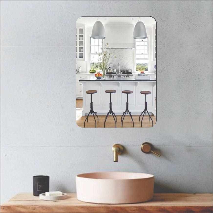 Modern rectangular makeup mirror reflecting a kitchen scene, perfect to buy designer mirrors online India