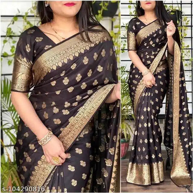 Elegant black and gold womens saree with intricate festive designs to buy festive saree online India