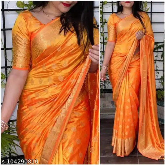 Elegant orange festive saree with golden border worn by woman to buy festive saree online India