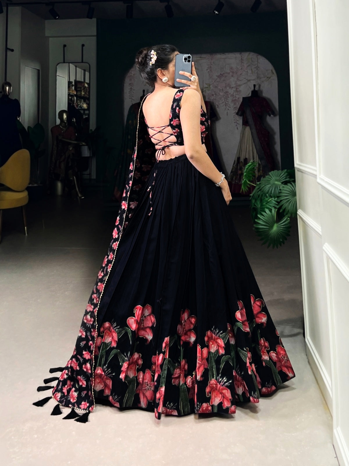Womens black lehenga choli with pink floral designs and lace-up back detail buy lehenga choli India