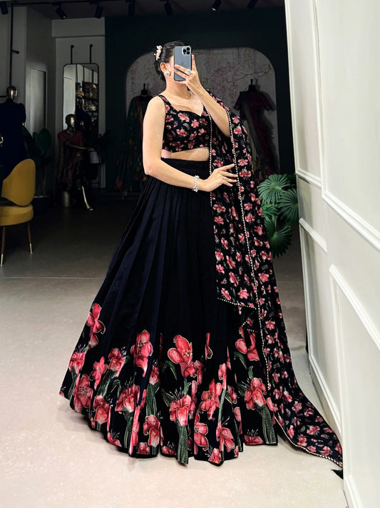 Black floral womens lehenga choli with pink flower embroidery to buy lehenga choli India