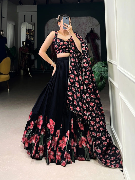 Black and pink floral womens lehenga choli with matching dupatta to buy lehenga choli India