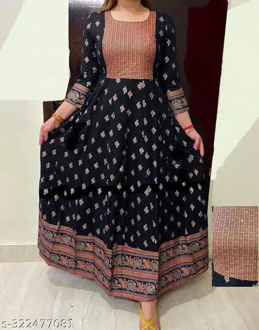 Women wearing black printed Anarkali kurti with intricate patterns and full sleeves buy printed Anarkali kurti India