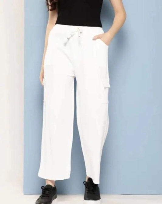Women wearing white cargo trousers with drawstring waist and side pockets buy white trousers online India