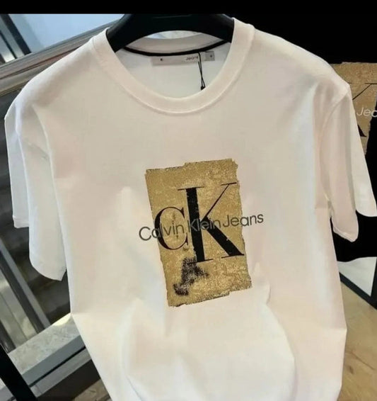 White men's premium pleated front t shirt with Calvin Klein Jeans logo in gold and black