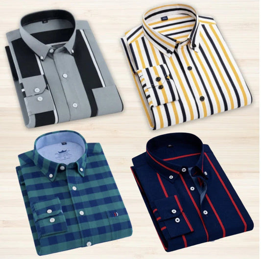 Set of four casual checkered shirts for men in black, white, green, and navy with different stripe patterns