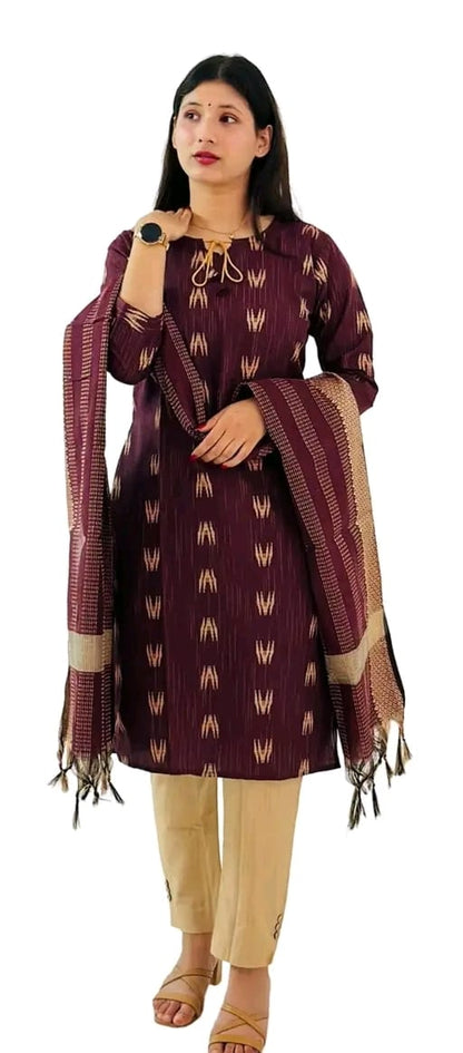 Women wearing a maroon casual kurta pant dupatta set with beige pants and matching dupatta