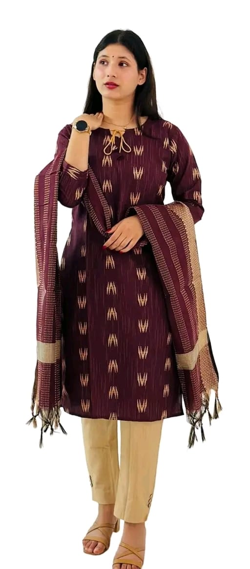 Women wearing a maroon casual kurta pant dupatta set with beige pants and matching dupatta