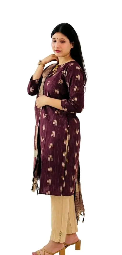 Women's casual kurta pant dupatta set with maroon kurta and beige pants by vendor 19671