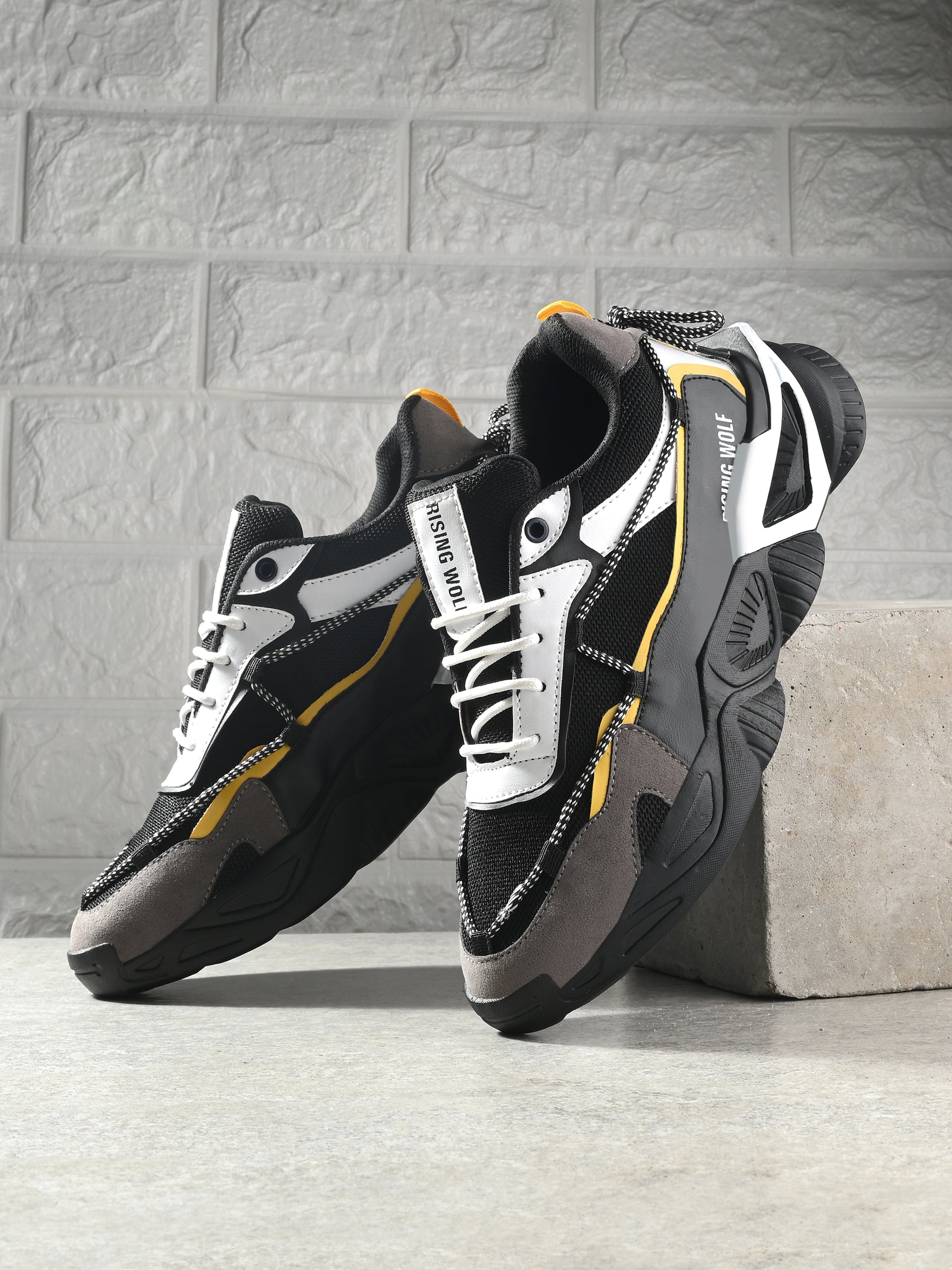 Premium quality men's shoes black and white sporty formal shoes with yellow accents