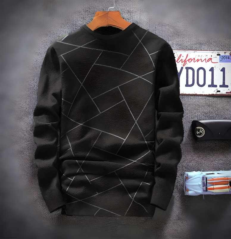 QuickGadgets men's cotton blend stripes t-shirt in black with intersecting line patterns