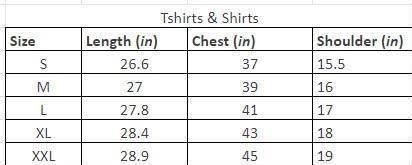 QuickGadgets men's cotton blend stripes t-shirt size chart with measurements for chest shoulder and length