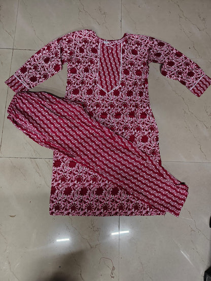 Women's cotton kurta and pant combo online in red and white floral print by 19199