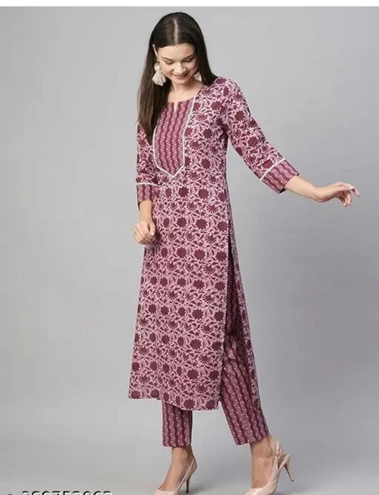 Women's cotton kurta and pant combo online in maroon with floral prints and three-quarter sleeves