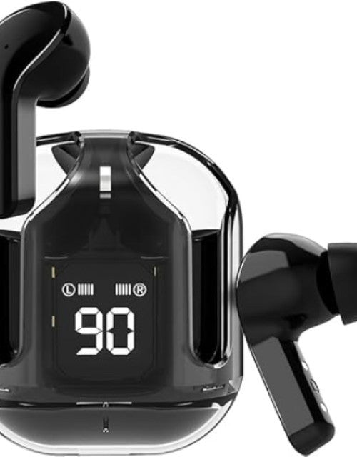 Dropdash black crystal wireless earbuds with digital display charging case close-up