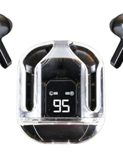 Dropdash crystal wireless earbuds with clear black charging case and LED battery display