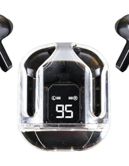 Crystal wireless earbuds with transparent charging case showing digital battery display