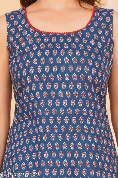 Blue sleeveless womens kurti with red and white floral print for daily wear kurti online