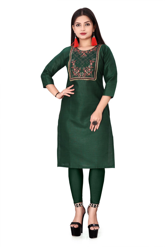 Green designer kurti for ladies India with embroidered yoke and three-quarter sleeves paired with matching leggings