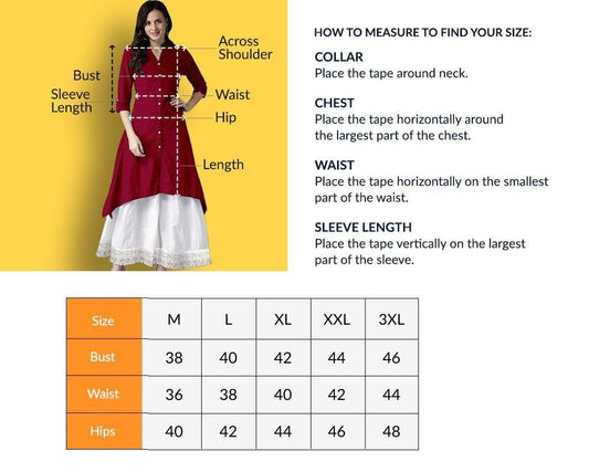 Measurement guide for designer kurti pant sets for women with size chart showing bust waist and hip dimensions