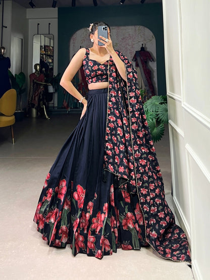 Designer lehenga choli for women in black with red floral print and matching dupatta