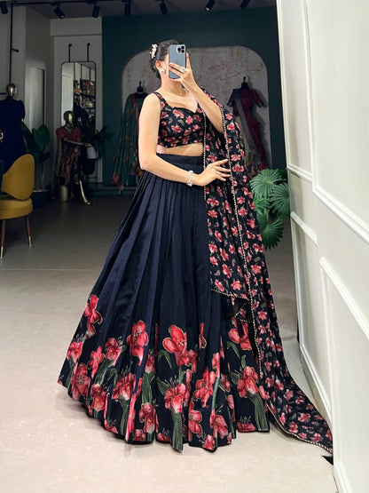 Designer lehenga choli for women in black with red floral embroidery and matching dupatta