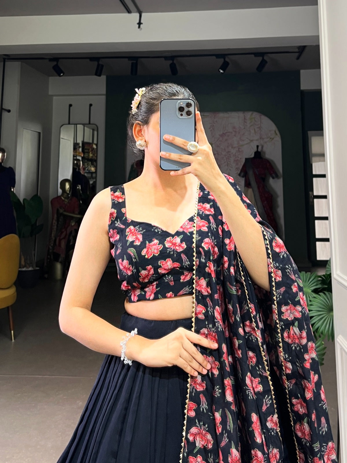 Womens black floral printed designer lehenga choli for women with matching dupatta and sleeveless blouse