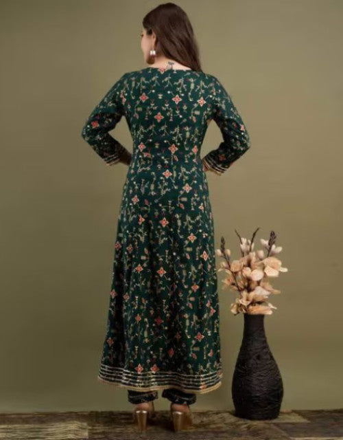 Dropdash women floral print Anarkali kurta set dark green back view with long sleeves gold hem and matching pants