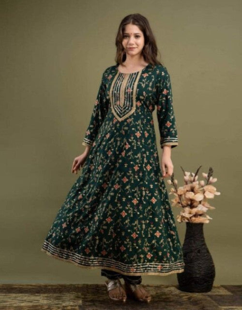 Dropdash women floral print Anarkali kurta set in deep green with embroidered yoke and flared hem