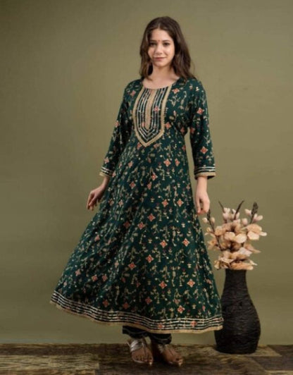 Dropdash women floral print Anarkali kurta set dark green party wear with gold embroidery and three quarter sleeves