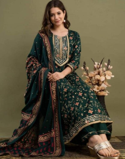 Dropdash women floral print Anarkali kurta set dark green embroidered party wear with matching dupatta