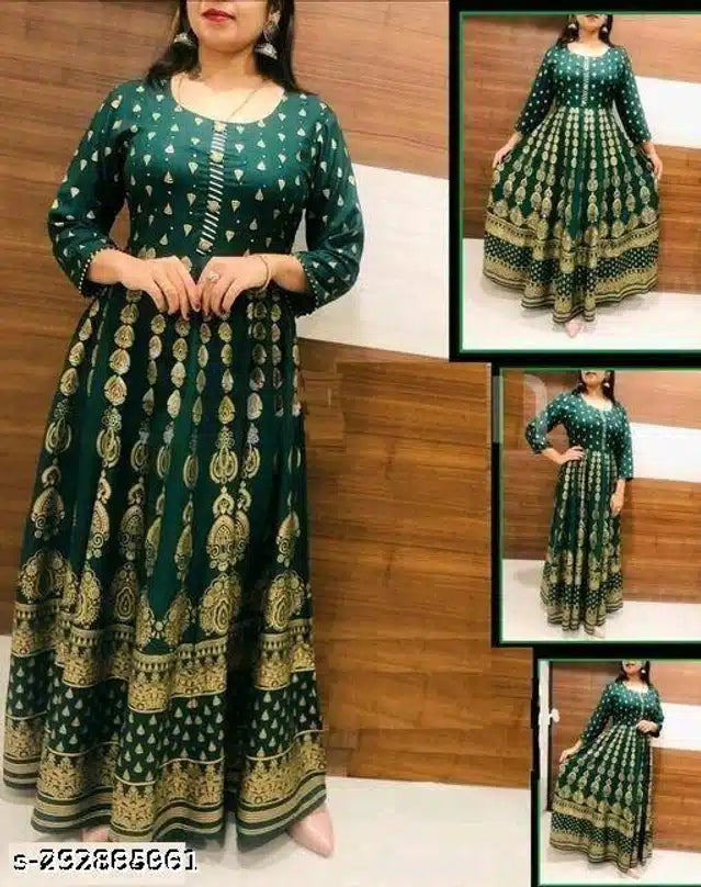 Green gold print long kurti online with full sleeves and intricate golden patterns for women